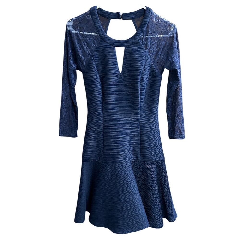 Guess Navy Blue Lace Long Sleeve Font Keyhole Back Cutout Fit & Flare Dress